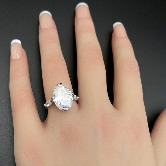 .925 Sterling Silver with Large Oval White Diamond Cubic Zirconia Ring Size 6 - Picture 10 of 10